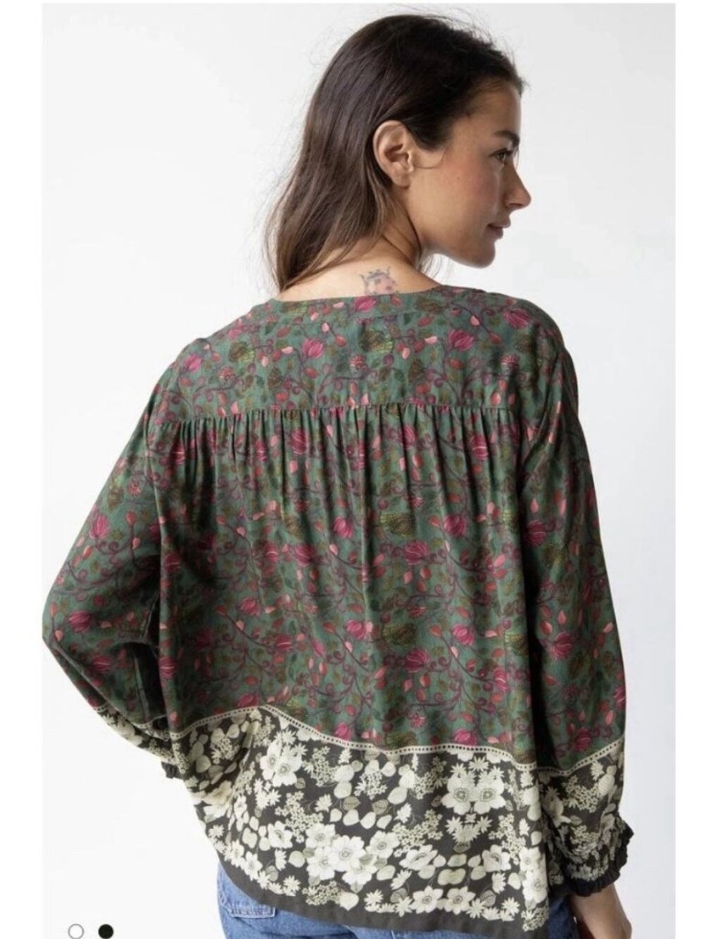 Natural Life Dara Top Sz XL Green Pink Floral Boho Peasant Blouse Shirt Festival - Picture 4 of 4